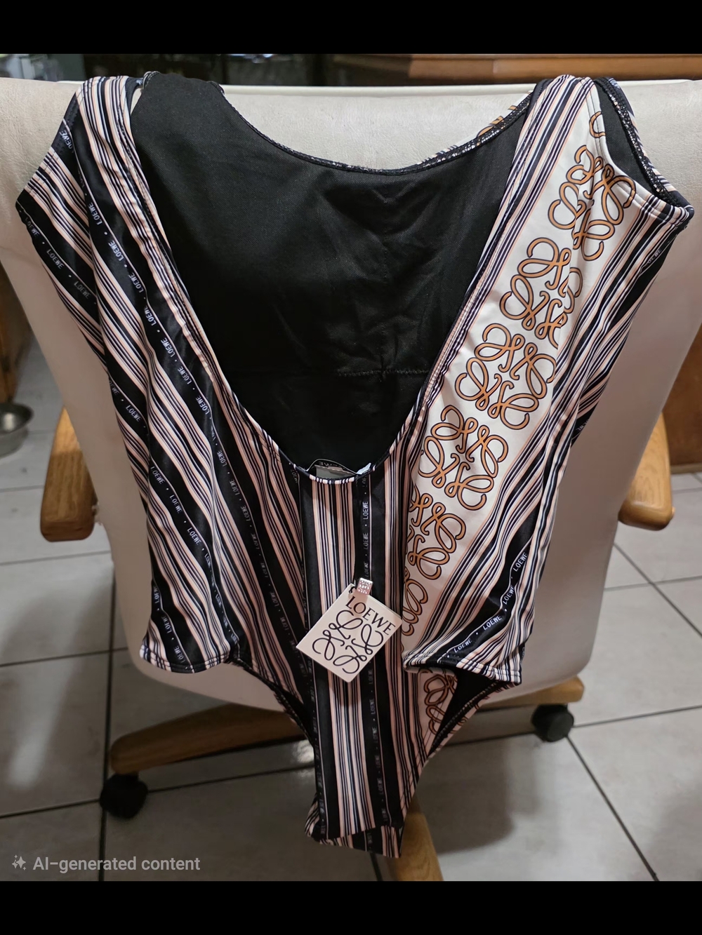 Striped One-Piece Swimsuit in Black, Cream & Tan - Picture 2 of 2